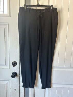 Eileen Fisher 100% Silk Black Drawstring Jogger Pants Ankle Zip Size Small